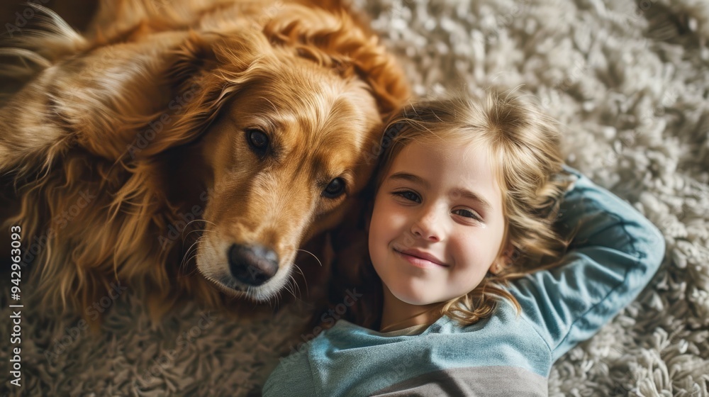 Affectionate Childhood: Smiling Girl Lying on the Carpet with Her Dog Affectionate Childhood: Smiling Girl Lying on the Carpet with Her Dog