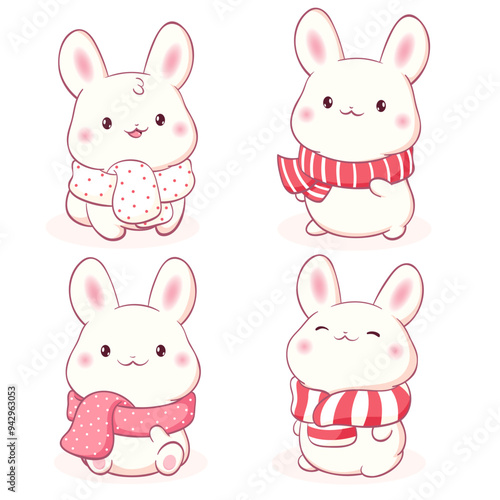 Set of little bunny in kawaii style. Winter holiday set with tiny baby rabbits in scarves. Cute rabbit expression sheet collection. Can be used for t-shirt print, sticker, greeting card. Vector EPS8