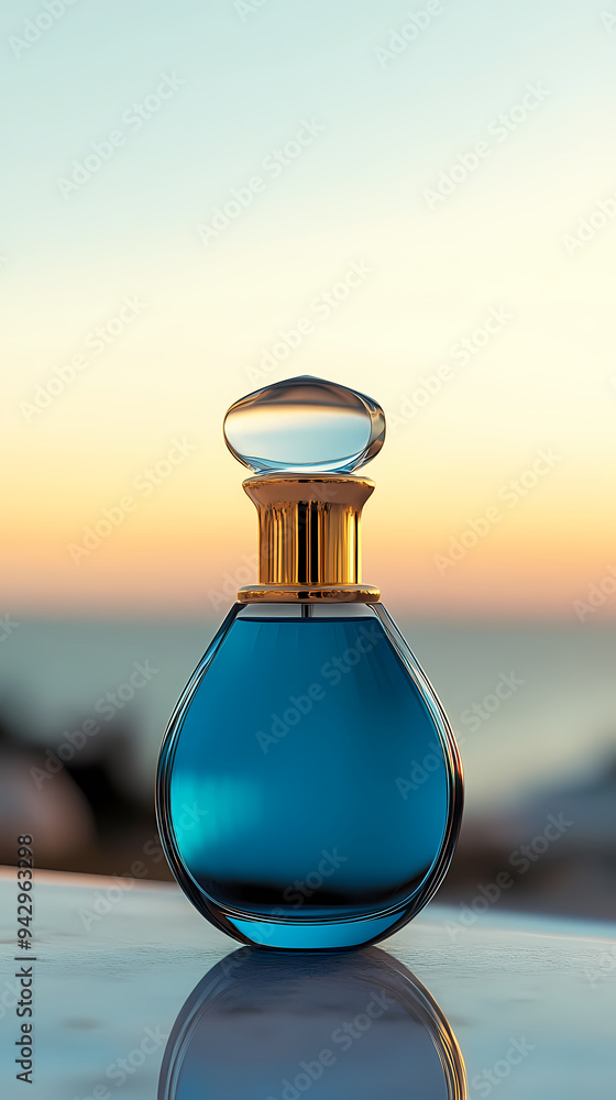 Perfume bottle on ocean background Perfume bottle on ocean background