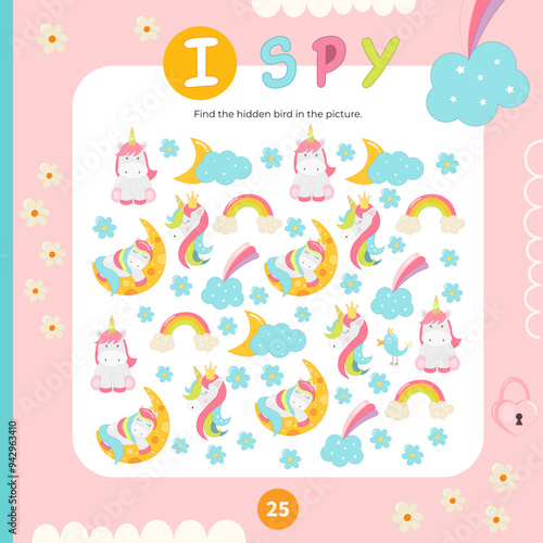 Cute Unicorn activities for kids. I spy game. Find the hidden bird. Logic games for children. Vector illustration. Game to boost attention and focus.