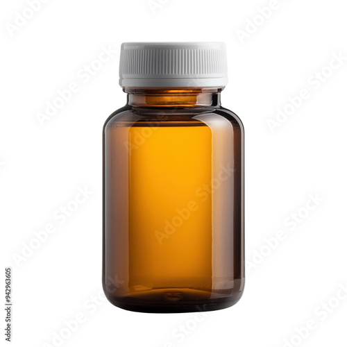 Empty Amber Glass Medicine Bottle with White Cap Isolated on Black Background