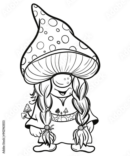 Cartoon woman gnomes with Halloween hats.Black and white line art of gnomes. Monochrome gnome illustrations for Halloween photo