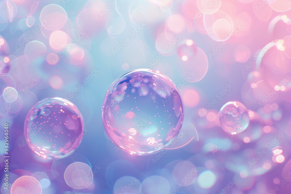 A photo of beautiful bubbles on a pink and purple background. The concept of packaging design for a cosmetic product, an advertising banner or a poster for beauty. A photo of beautiful bubbles on a pink and purple background. The concept of packaging design for a cosmetic product, an advertising banner or a poster for beauty.