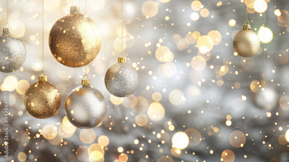 Christmas background made of gold and silver with hanging decorations. New Year's toys. Christmas background made of gold and silver with hanging decorations. New Year's toys.
