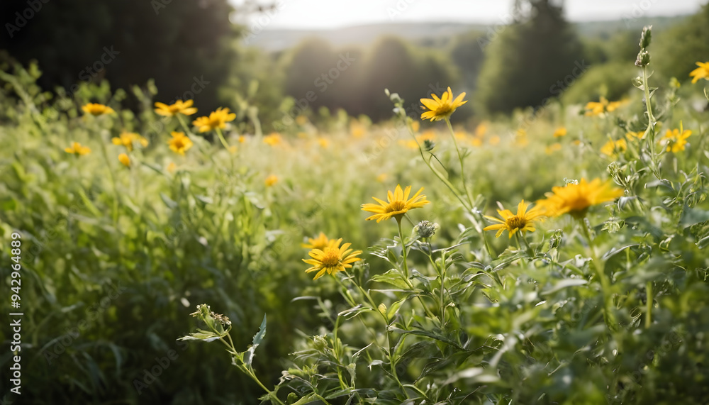 Obraz premium Yellow flowers blooming in a field at sunset