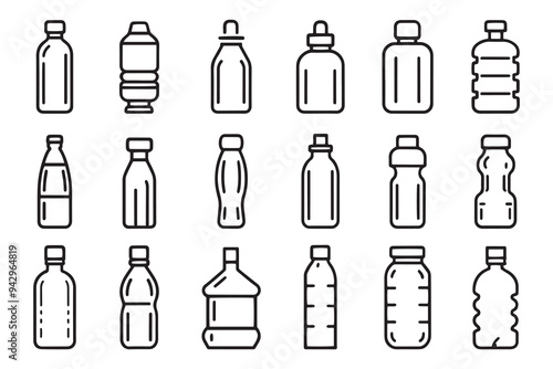  plastic bottles related icons set isolated on white background flat vector illustration