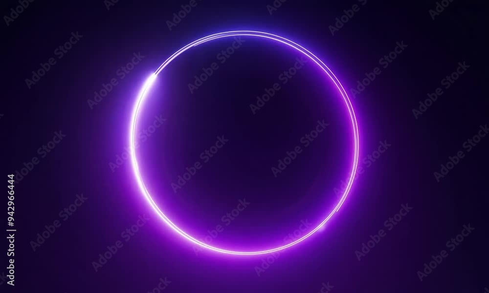  Render Neon circle rotation of frame with shining effects on dark background. Video animation Empty purple glowing techno backdrop. Round motion frame