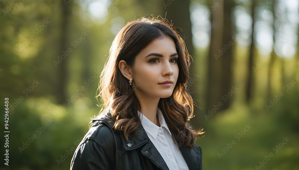 Young woman wearing leather jacket posing in nature Young woman wearing leather jacket posing in nature