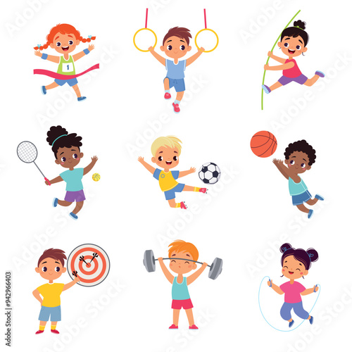 Kids Sport with Girl and Boy Character Enjoy Sportive Activity Vector Set