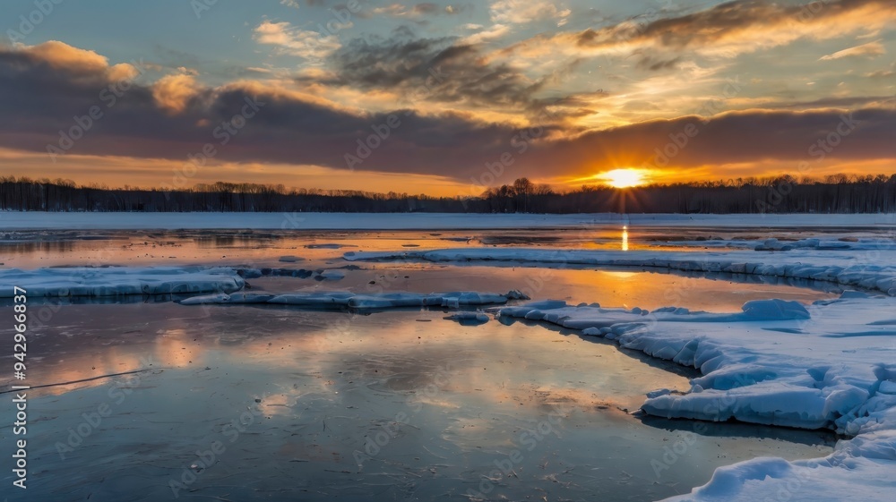 Fototapeta premium Frozen lake winter sunset scene 