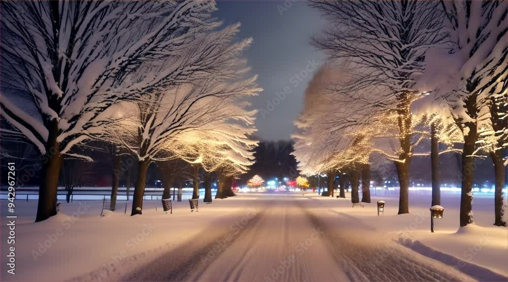 Establishing wide: A snow-covered park with Christmas lights, soft bokeh lights enhancing the festive atmosphere. Establishing wide: A snow-covered park with Christmas lights, soft bokeh lights enhancing the festive atmosphere.
