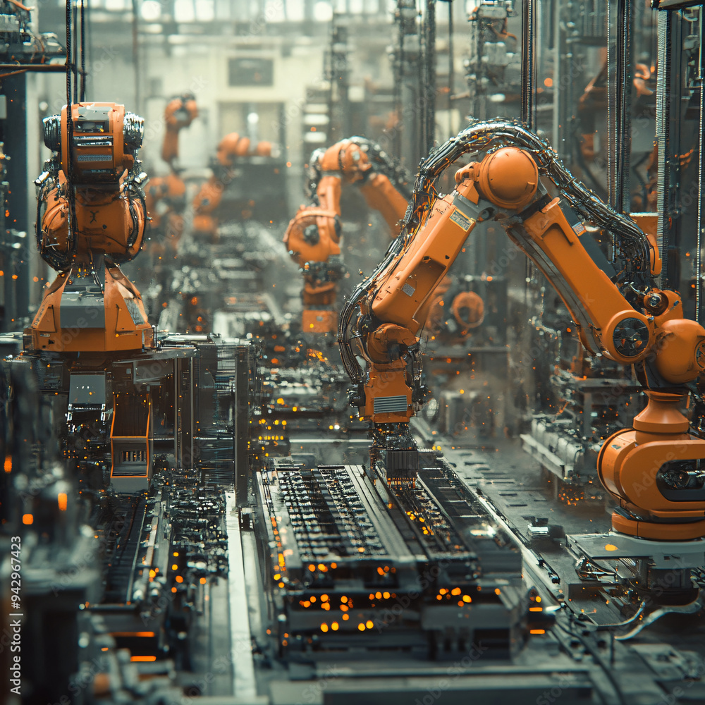 A factory with robotic systems processing raw materials. A factory with robotic systems processing raw materials.