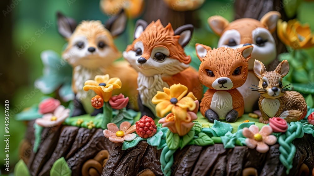 Fototapeta premium A group of adorable fox figurines on a cake, surrounded by flowers and greenery.