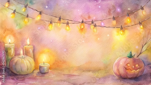 Cozy Halloween Watercolor Scene with Pumpkins and Glowing Lights
