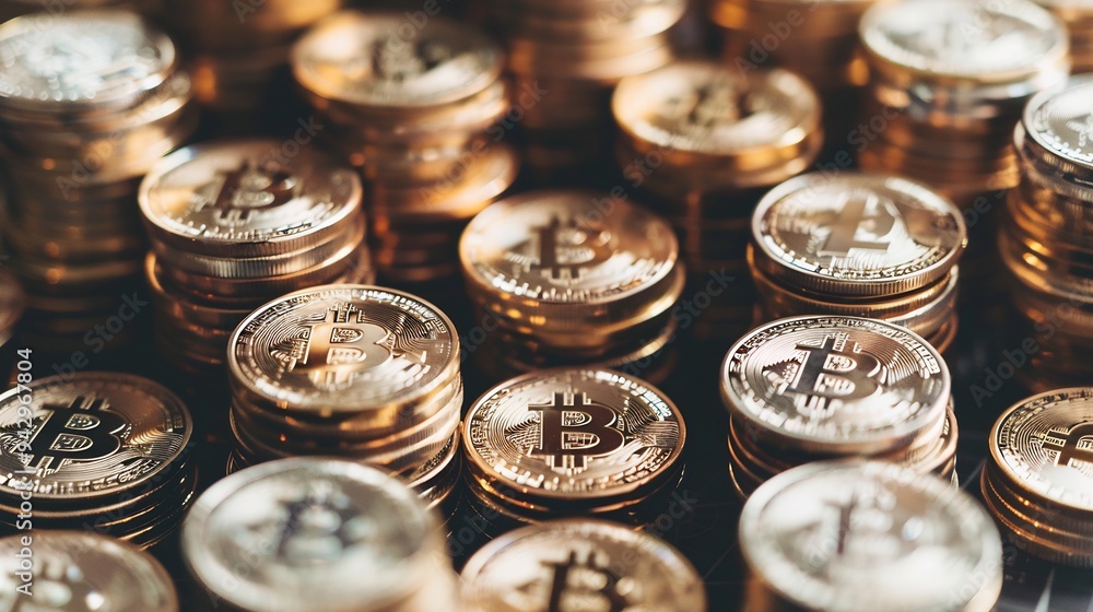 Golden Bitcoin Stacks: Cryptocurrency Close-Up Golden Bitcoin Stacks: Cryptocurrency Close-Up