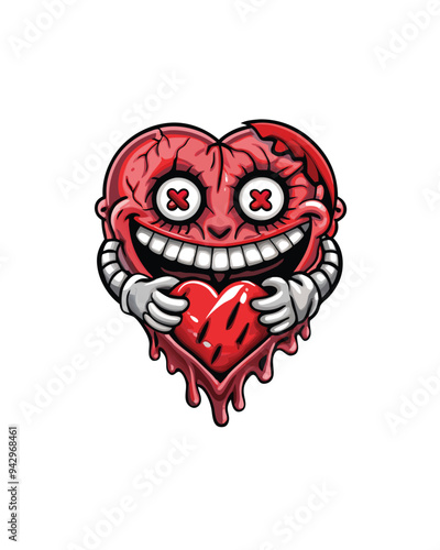 A melting, drippy heart-shaped figure with a wide, stitched-up smile holding a smaller heart.