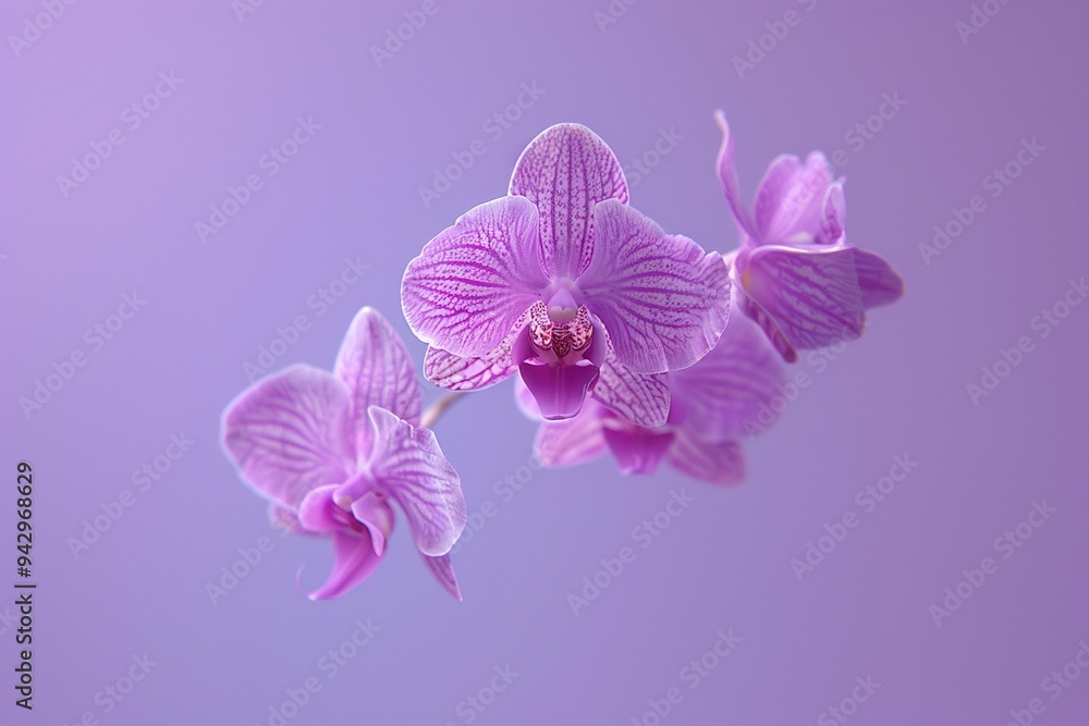 Naklejka premium Levitating Orchids - Purple Background, Hyperrealistic Studio Photography, Minimalism and Negative Space 