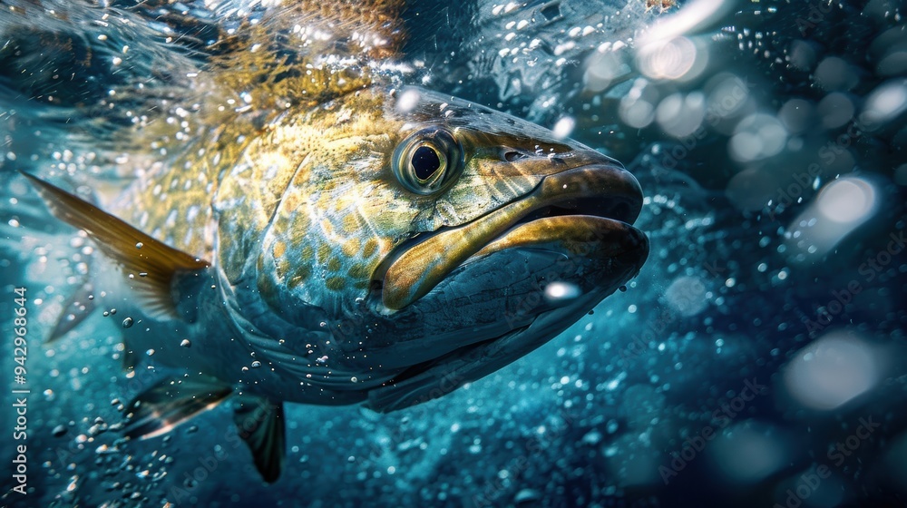 Captivating Underwater Scene Featuring a Striking Fish Surrounded by Bubbles Captivating Underwater Scene Featuring a Striking Fish Surrounded by Bubbles