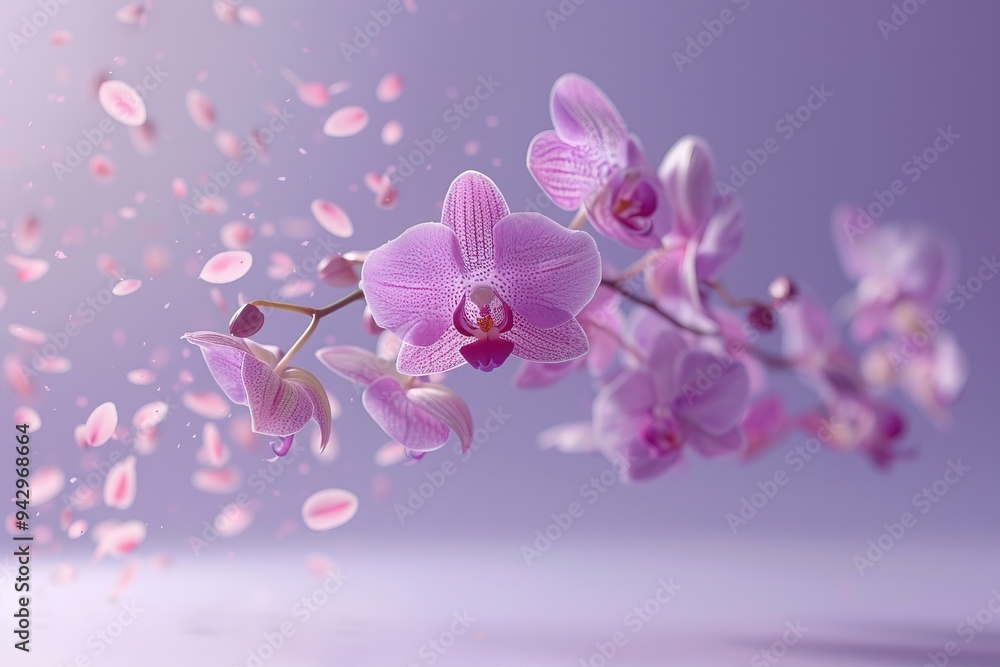 Fototapeta premium Levitating Orchids - Purple Background, Hyperrealistic Studio Photography, Minimalism and Negative Space 
