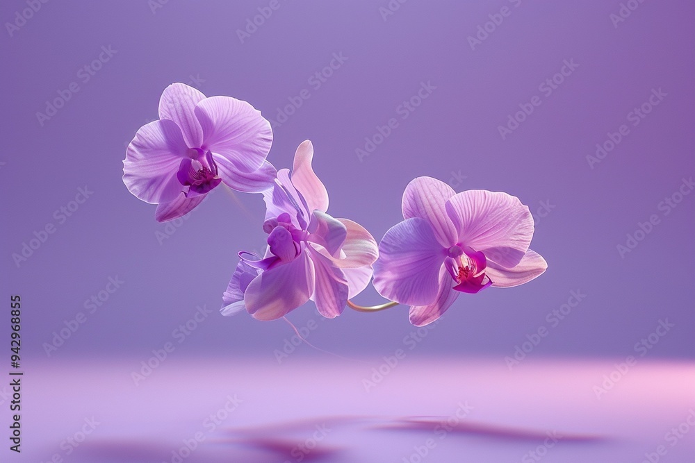 Naklejka premium Levitating Orchids - Purple Background, Hyperrealistic Studio Photography, Minimalism and Negative Space 