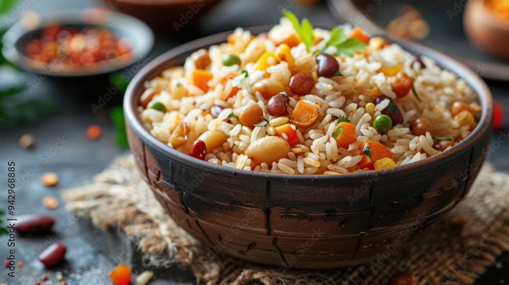 Colorful Rice Dish with Chestnuts and Beans in a Rustic Wooden Bowl