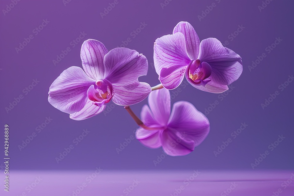Obraz premium Levitating Orchids - Purple Background, Hyperrealistic Studio Photography, Minimalism and Negative Space 
