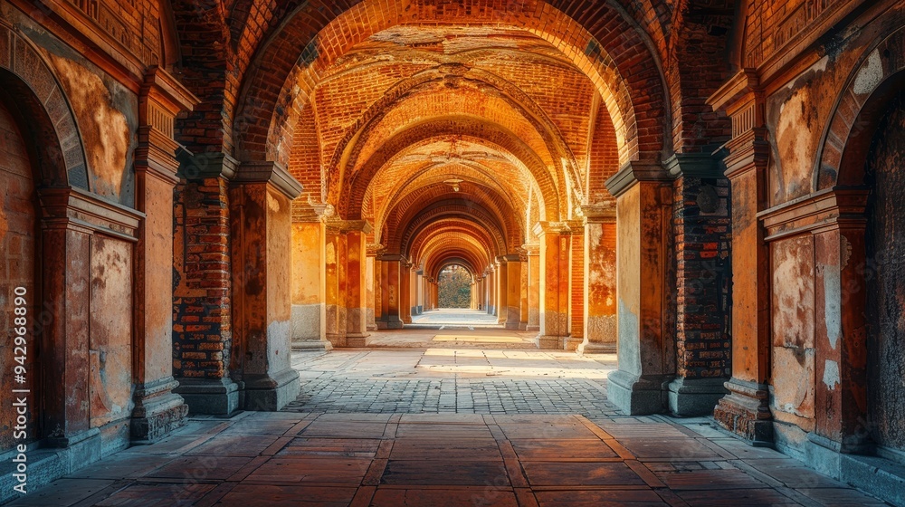 A long, arched hallway with stone pillars and a tiled floor, bathed in warm, golden light. A long, arched hallway with stone pillars and a tiled floor, bathed in warm, golden light.