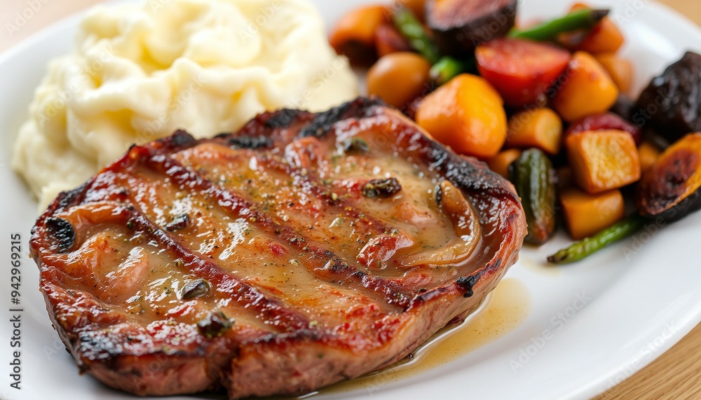 Plate of Perfectly Cooked and Seasoned Meat with Mashed Potatoes and Roasted Vegetables Plate of Perfectly Cooked and Seasoned Meat with Mashed Potatoes and Roasted Vegetables