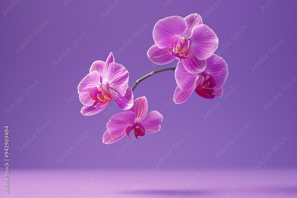 Naklejka premium Levitating Orchids - Purple Background, Hyperrealistic Studio Photography, Minimalism and Negative Space 