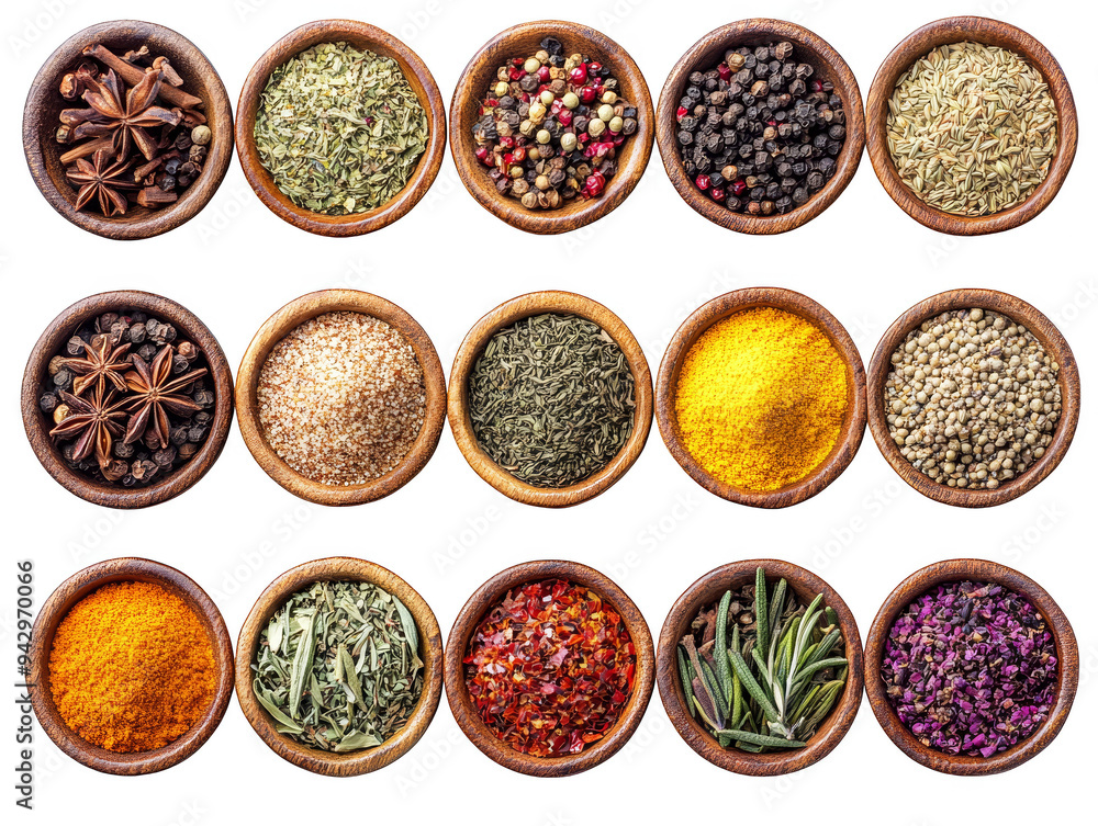 Variety of spices in wooden bowls transparent background