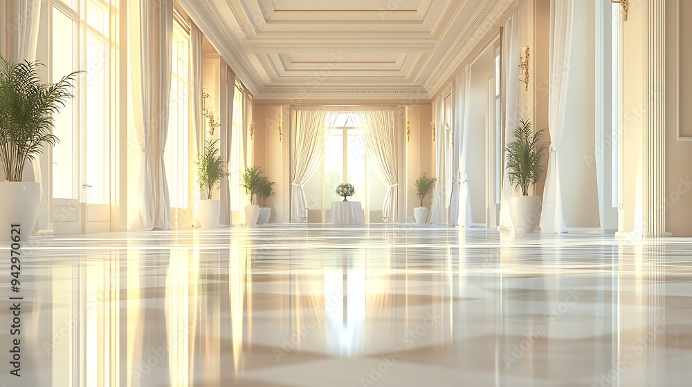 Luxurious Empty Reception Hall with Reflective Floors and Soft Neutral Tones for a Classic Formal Setting Luxurious Empty Reception Hall with Reflective Floors and Soft Neutral Tones for a Classic Formal Setting