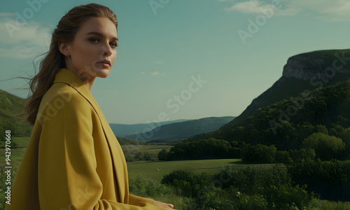 Young woman wearing yellow coat relaxing in nature admiring mountain view