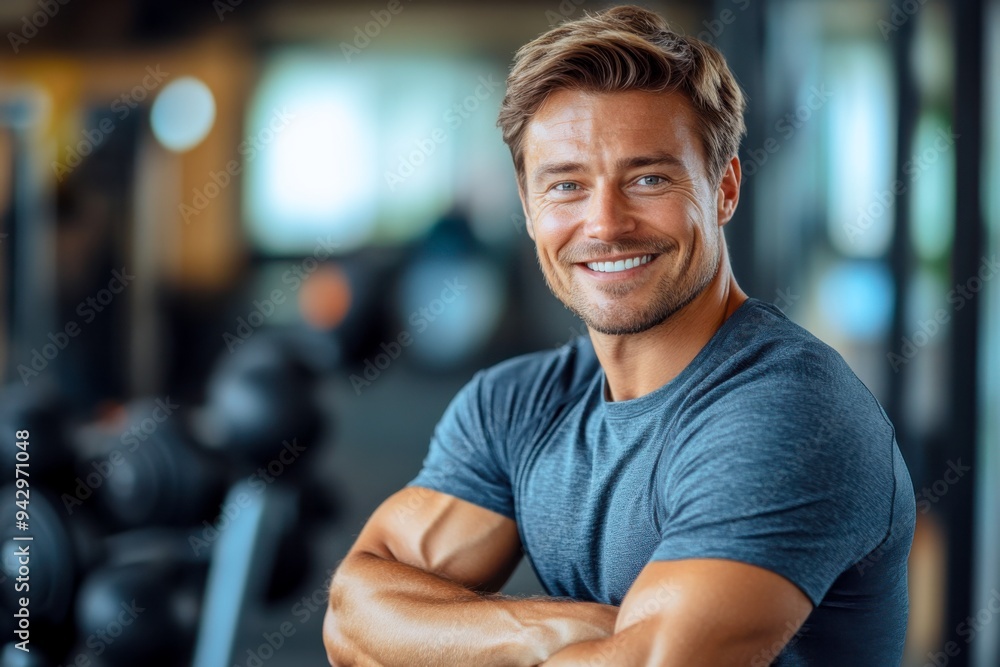 Obraz premium smiling male gym trainer in fitness center with arms crossed, confident personal trainer promoting health, strength training, and motivational fitness coaching in gym
