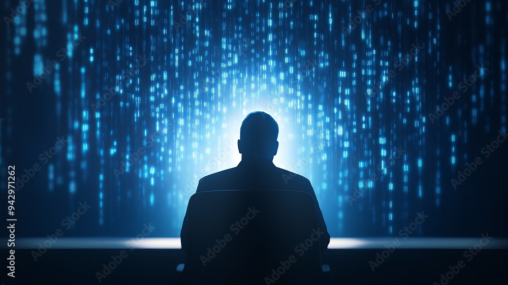 A silhouette of a person sitting, illuminated by a backdrop of blue binary code, symbolizing technology and data processing. A silhouette of a person sitting, illuminated by a backdrop of blue binary code, symbolizing technology and data processing.