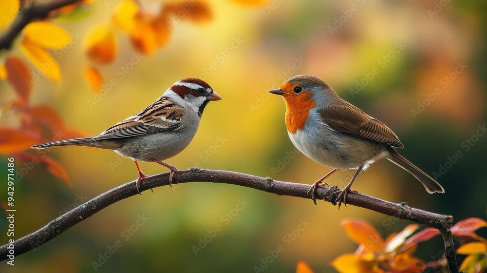 A house sparrow (Passer domesticus) and a robin (Erithacus rubecula) perched on a branch, interacting in a natural garden setting. --ar 16:9 --v 6.1 Job ID: 8ad31d5d-e833-4cdb-b96c-8f4de302eda8 A house sparrow (Passer domesticus) and a robin (Erithacus rubecula) perched on a branch, interacting in a natural garden setting. --ar 16:9 --v 6.1 Job ID: 8ad31d5d-e833-4cdb-b96c-8f4de302eda8