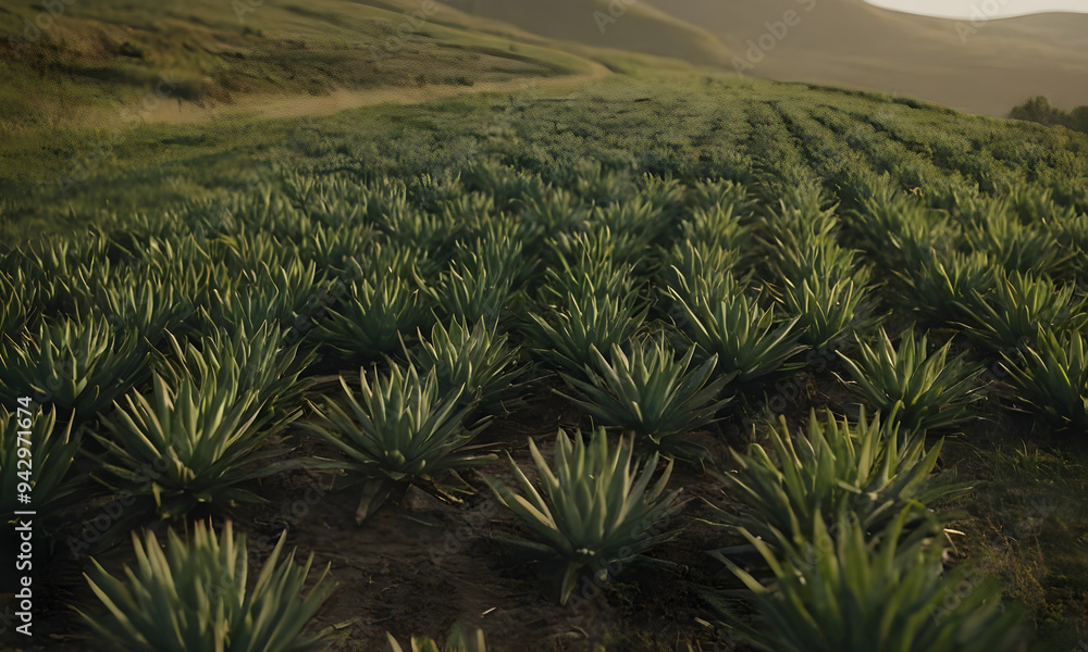 Obraz premium Rows of pineapple plants growing on a farm at sunset