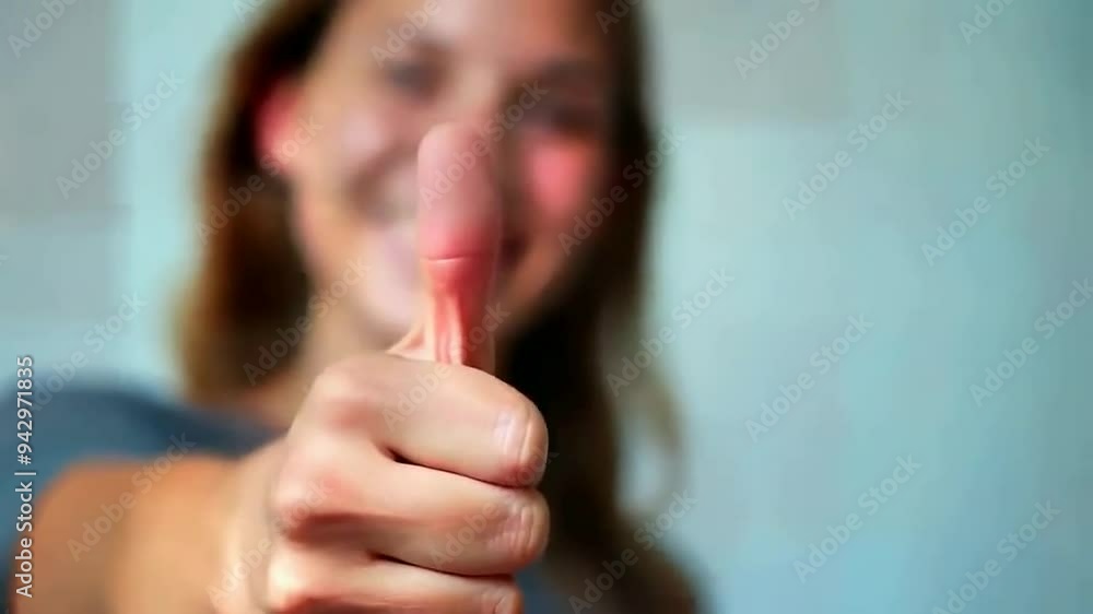 woman gives thumbs up and smiles in bright room, positivity, depth of field woman gives thumbs up and smiles in bright room, positivity, depth of field