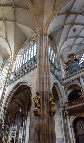 Large panoramic view of the interior of St. Vitus Cathedral - Prague Castle. Prague, Czech