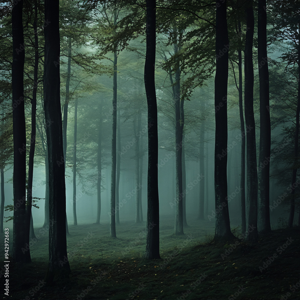 Obraz premium A foggy morning in a quiet forest with tall trees.