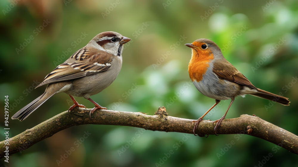 A house sparrow (Passer domesticus) and a robin (Erithacus rubecula) perched on a branch, interacting in a natural garden setting. --ar 16:9 --v 6.1 Job ID: 8ad31d5d-e833-4cdb-b96c-8f4de302eda8 A house sparrow (Passer domesticus) and a robin (Erithacus rubecula) perched on a branch, interacting in a natural garden setting. --ar 16:9 --v 6.1 Job ID: 8ad31d5d-e833-4cdb-b96c-8f4de302eda8