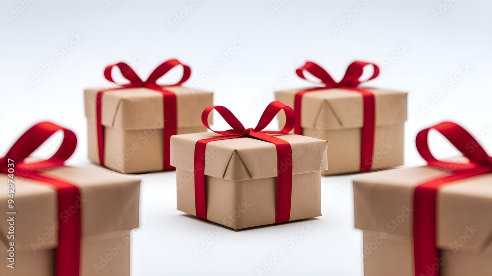 Fototapeta premium Eco-Friendly Christmas Gift Boxes with Red Ribbons on White Background 
