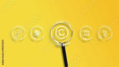 Magnifying glass focuses on Copyright or patent concept. digital icons representing intellectual property and digital copyright law. Trademark license, copyleft, Rights symbol, Piracy crime, photo