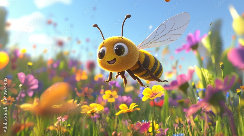 A friendly cartoon bee smiles while flying over a field of colorful wildflowers. A friendly cartoon bee smiles while flying over a field of colorful wildflowers.