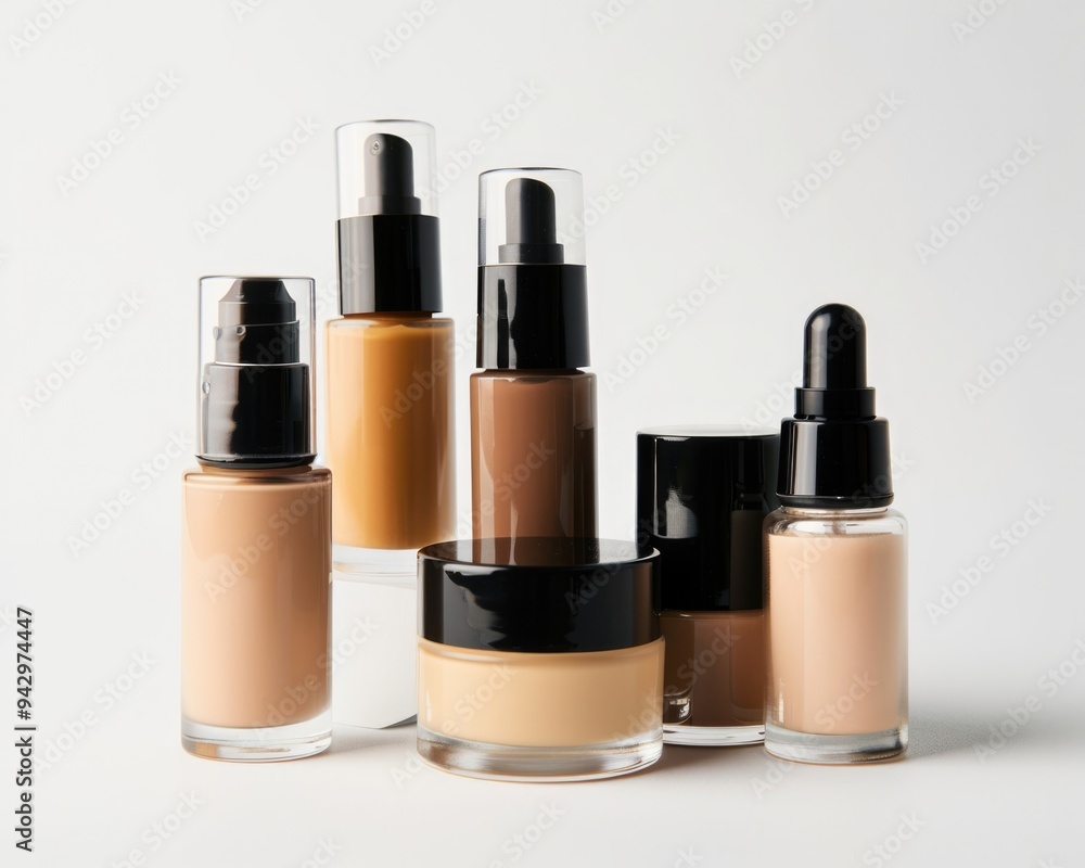 Assorted Skin Foundation Bottles on Clean White Background for Beauty Care and Makeover Assorted Skin Foundation Bottles on Clean White Background for Beauty Care and Makeover