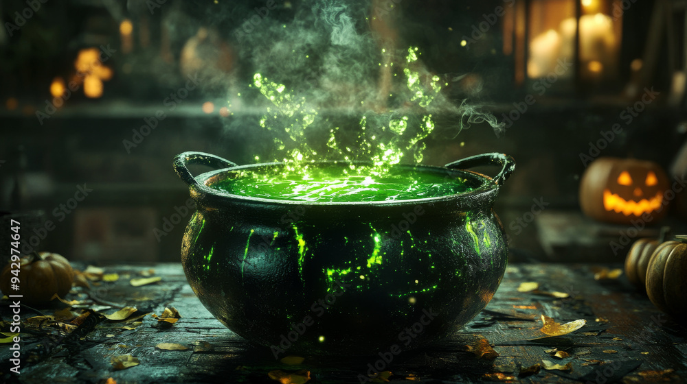A dark and eerie scene with a cauldron bubbling over with a vibrant green potion, capturing the essence of Halloween witchcraft. A dark and eerie scene with a cauldron bubbling over with a vibrant green potion, capturing the essence of Halloween witchcraft.
