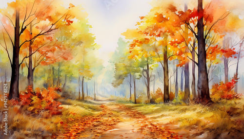 Watercolor painting of autumn forest with dirt trail and fallen leaves. Beautiful natural landscape.