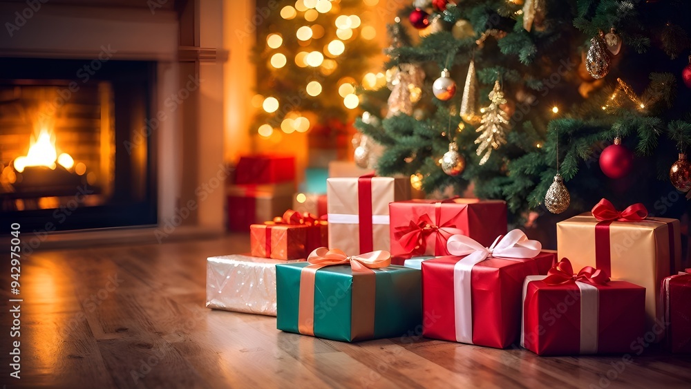 Beautiful Christmas Gift Boxes Near Fir Tree in a Room Beautiful Christmas Gift Boxes Near Fir Tree in a Room