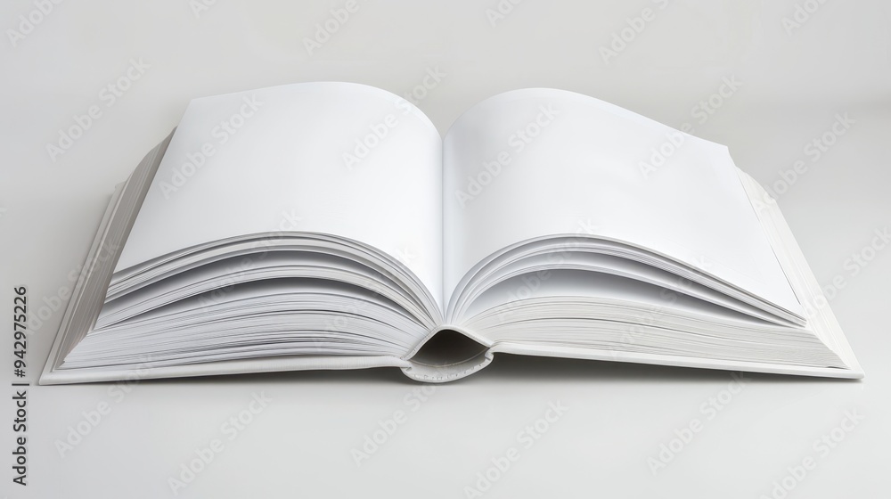 A book is open to a blank page. The book is white and has a plain cover A book is open to a blank page. The book is white and has a plain cover