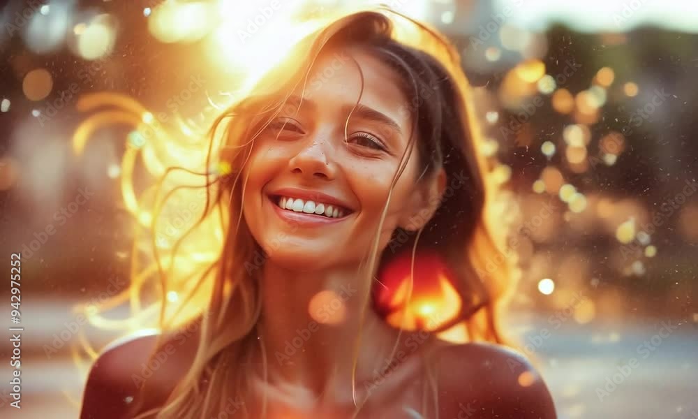 A carefree woman beams with joy, illuminated by radiant sunlight and glimmering bokeh effects, capturing the bliss of a warm summer evening outdoors A carefree woman beams with joy, illuminated by radiant sunlight and glimmering bokeh effects, capturing the bliss of a warm summer evening outdoors