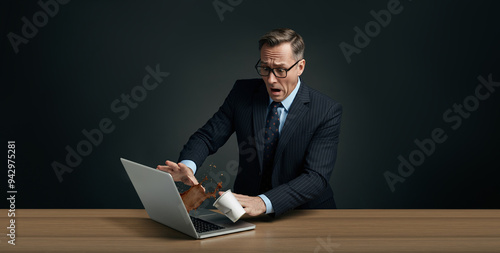 Office Disaster : Man Accidentally Spills Coffee on Laptop